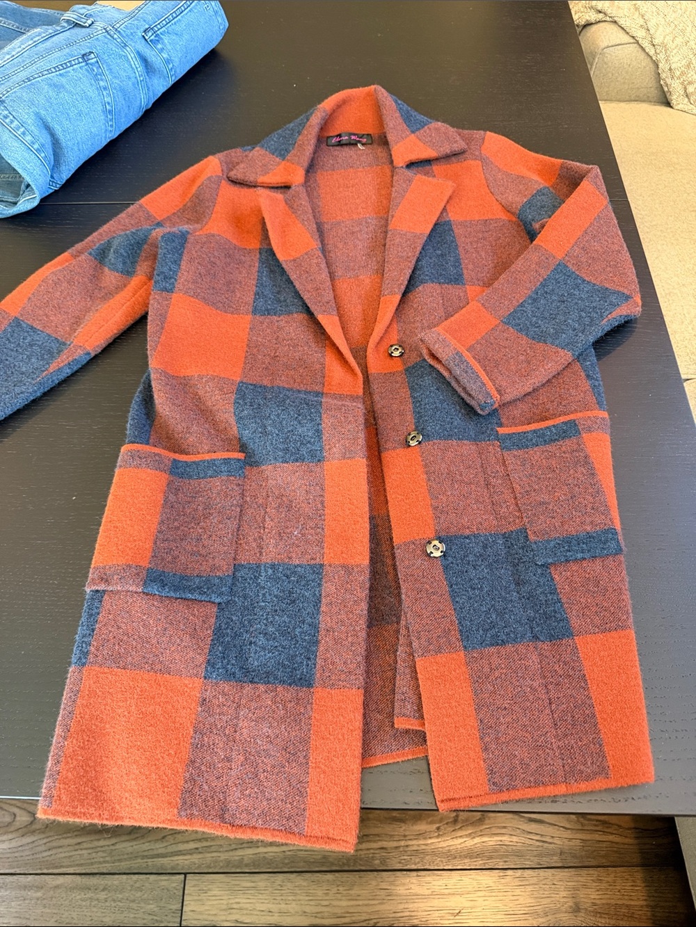 Checked Orange & Gray Wool-Blend Peacoat
